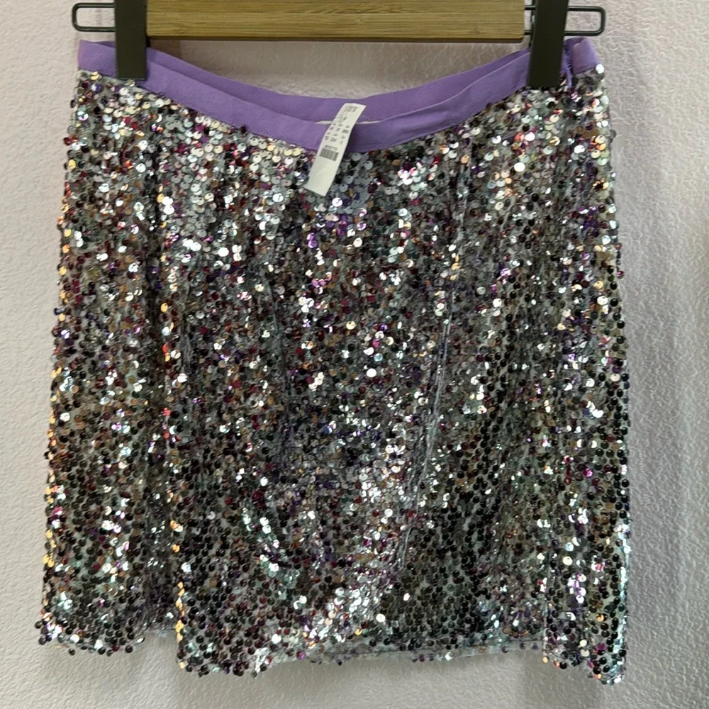 NWT J. Crew Skirt MINI faux wrap skirt silver purple‎ sequins side zipper Tag:6
